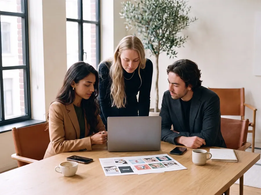 Sebastiaan, Serena en Seleni overleggen samen over een campagne en kijken op hun laptop.