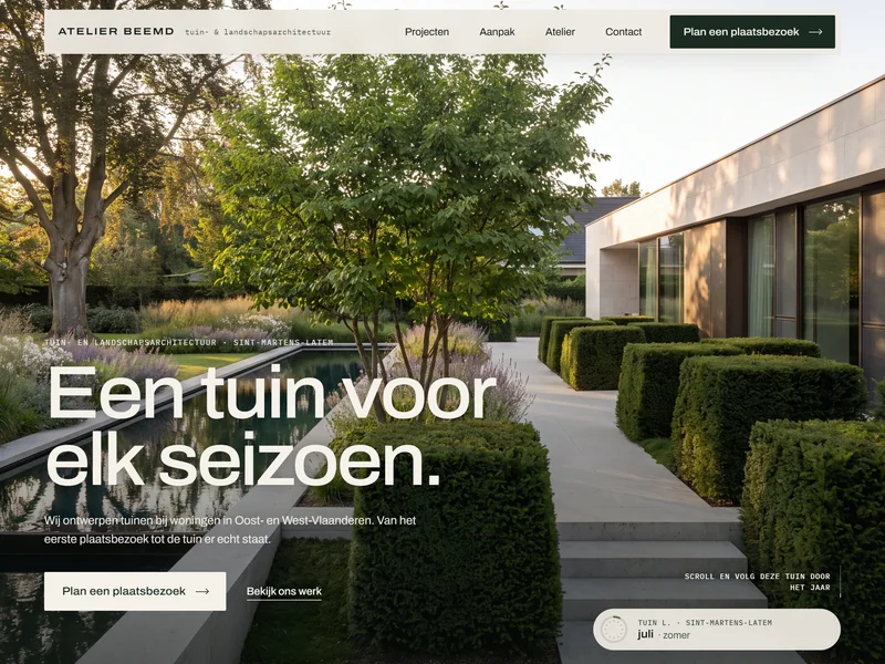 Voorbeeld van een Atlasso-website: de homepage van Atelier Beemd, een fictieve tuinarchitect.