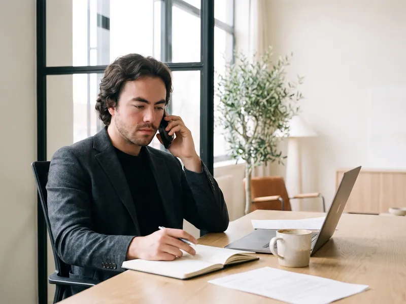 Sebastiaan aan de telefoon tijdens een kort kennismakingsgesprek, aan zijn bureau.