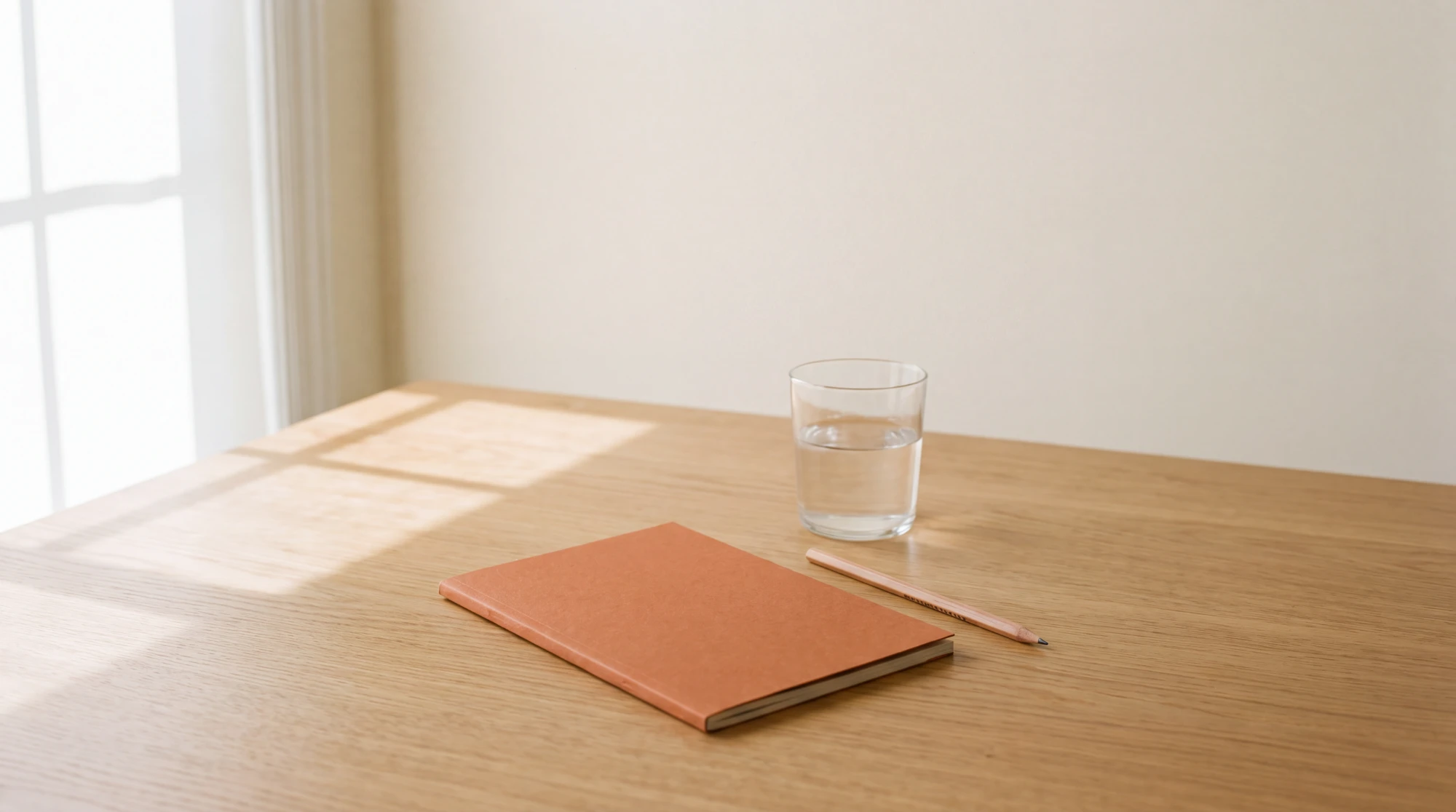 Een gids met een roestoranje kaft op een eikenhouten tafel, naast een potlood en een glas water, in zacht ochtendlicht.